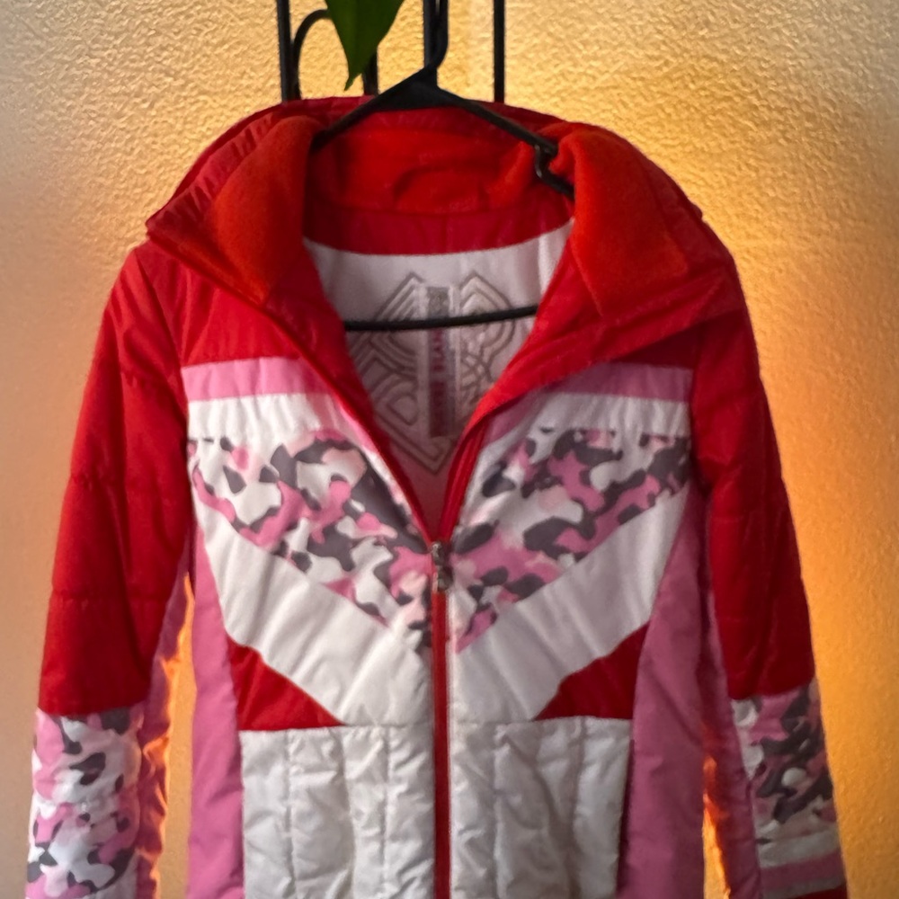 Red and Pink Kids Ski Jacket with Quilted Texture